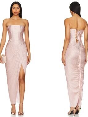 MARIA LUCIA HOHAN Ruby Strapless Silk Corset Ruched Draped Pink Midi Dress Sz 2